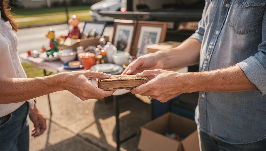 Couple exchanging small gifts at a garage sale