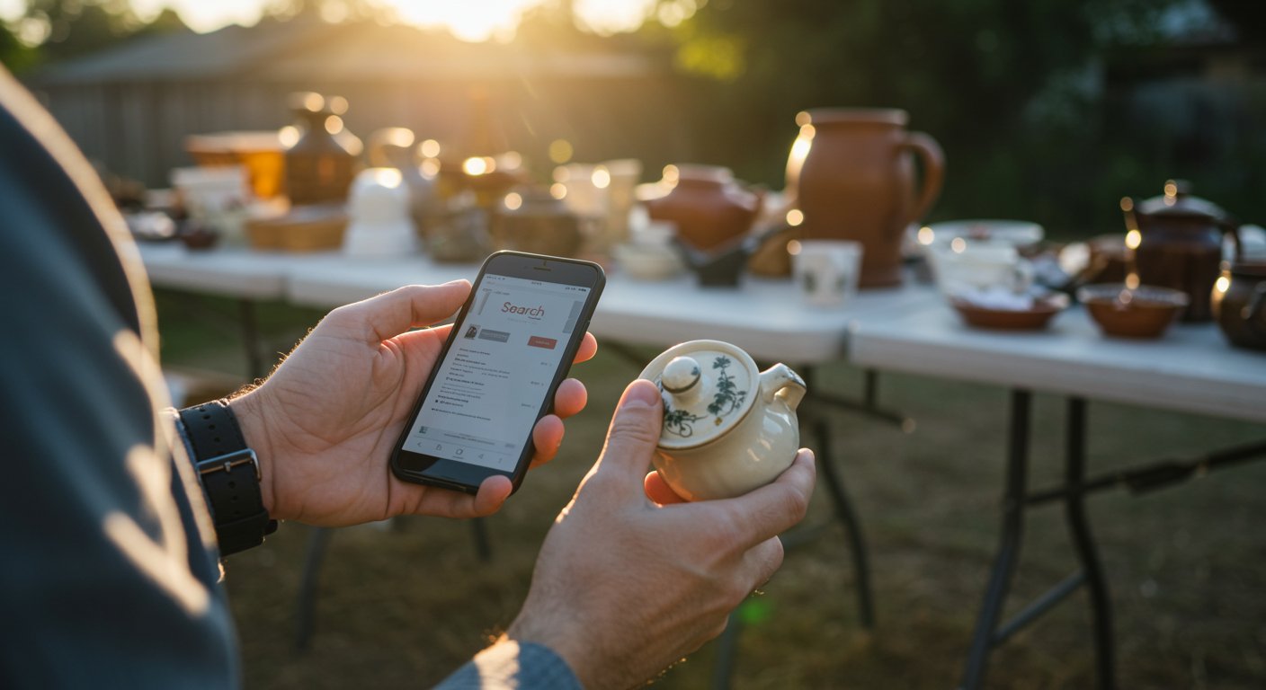 Shopper researching an item's value on their phone at a garage sale