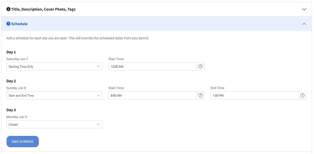 Custom scheduling interface showing time pickers for each day of the sale