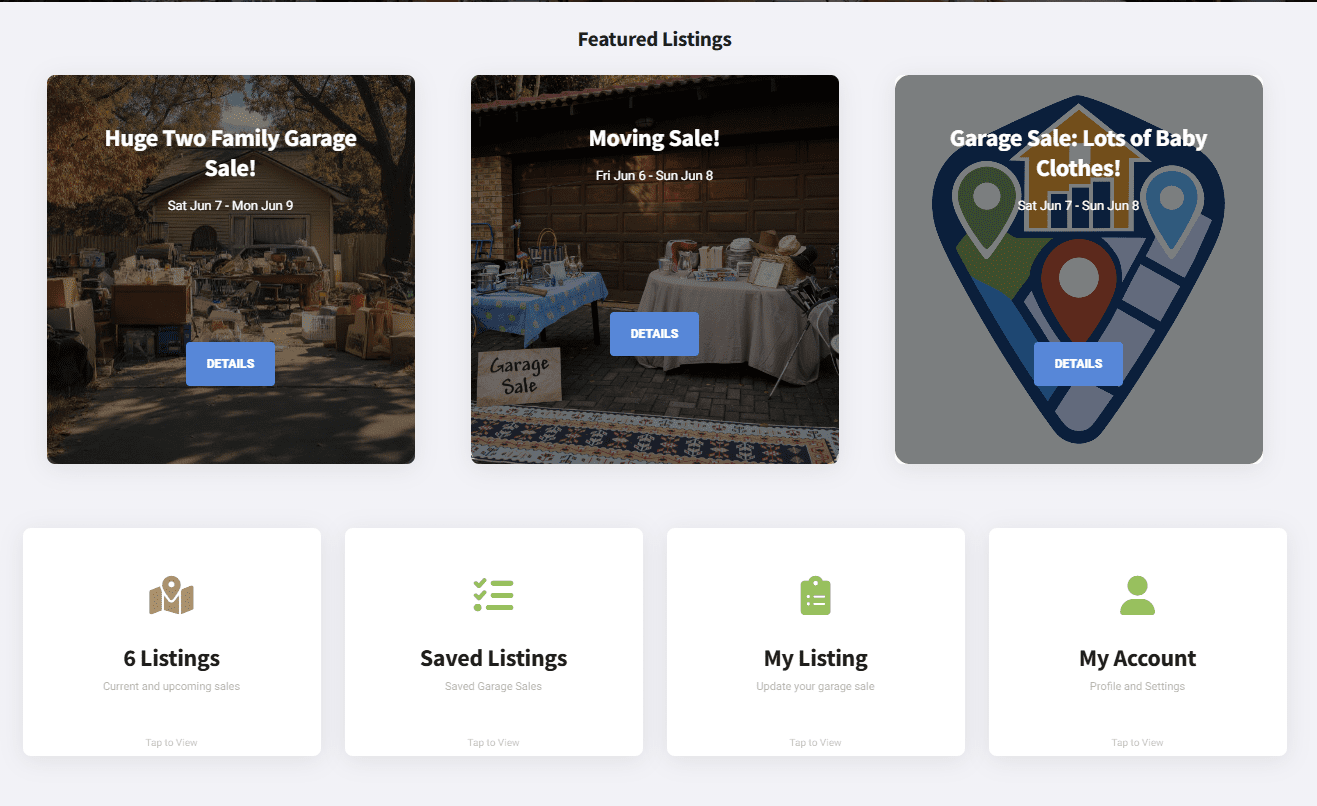 Homepage showing featured listings at the top with eye-catching badges