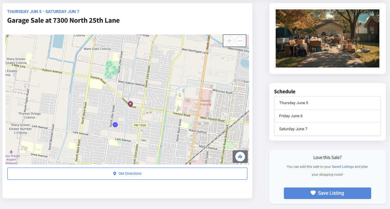 Screenshot showing the details of a selected garage sale