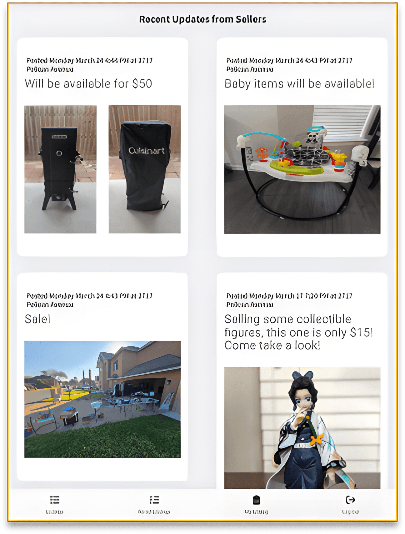 Feed showing recent seller updates with photos and text posts