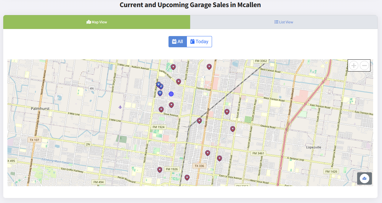 Interactive map showing multiple garage sale locations in McAllen with pins and markers