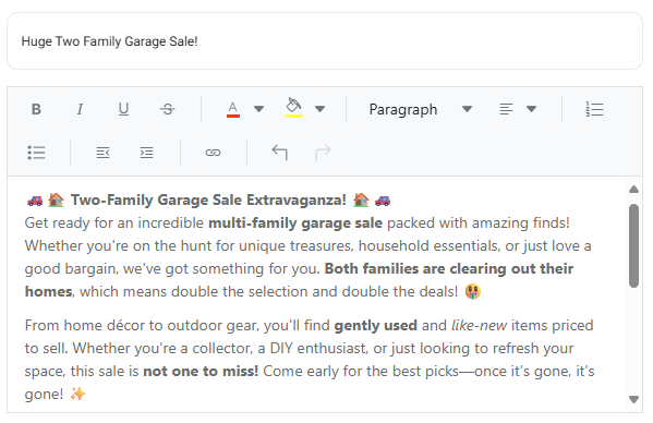 Rich text editor showing formatted description with bold text, lists, and headings